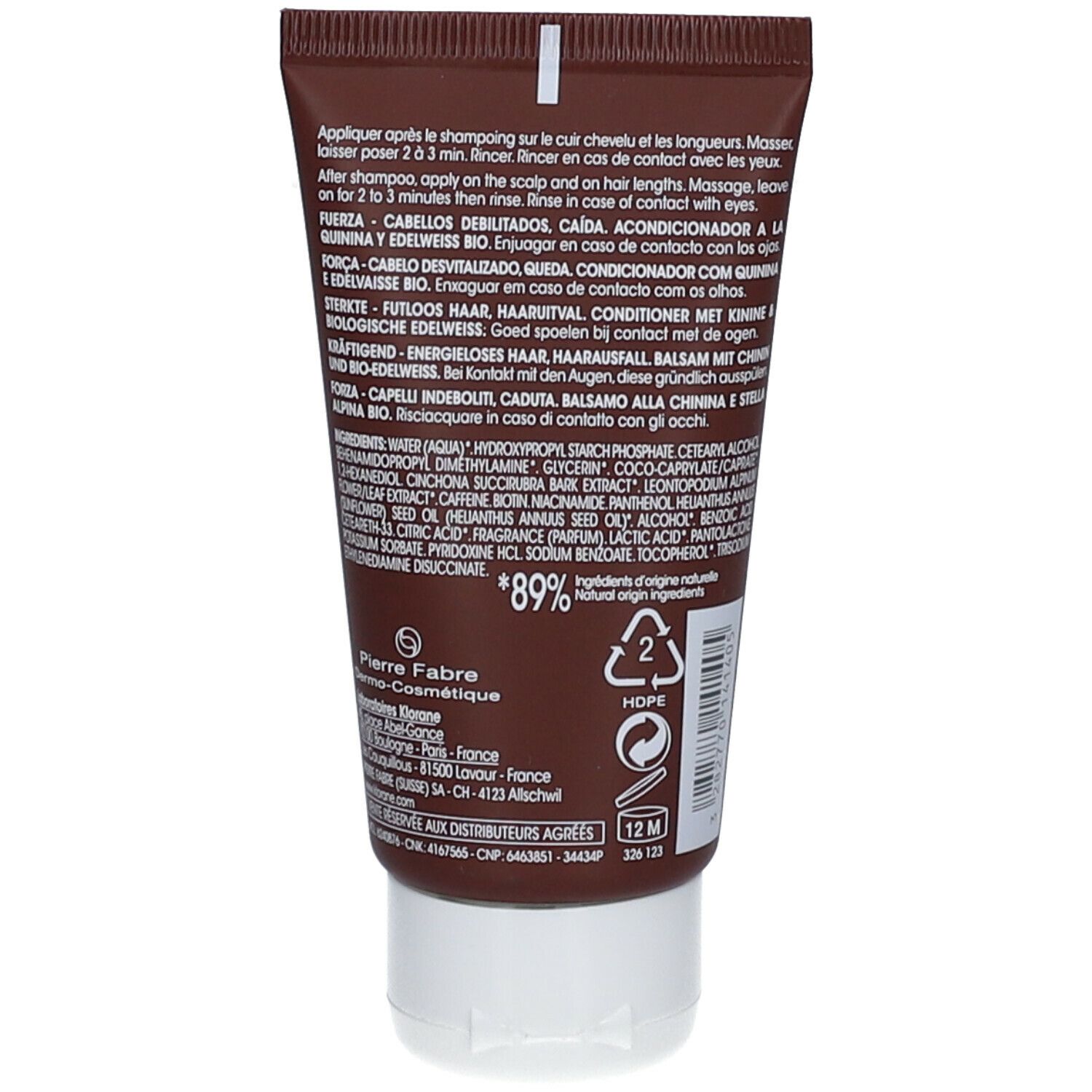 Achterkant van de KLORANE conditioner tube. Tekst met ingrediënten en fabrikantinfo. Recyclingsymbool en 12M-markering.