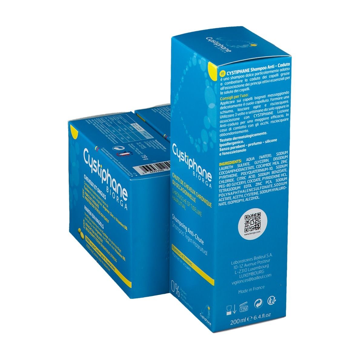 Blauwe doos Cystiphane Biorga Shampoo Anti-Haaruitval. Achterkant met ingrediënten en info. 200ml.