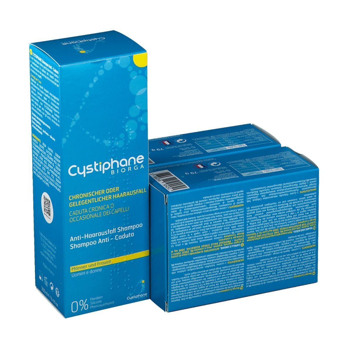 Blauwe dozen Cystiphane Biorga. Opschrift: Shampoo Anti-Haaruitval. Twee dozen met 120 tabletten.