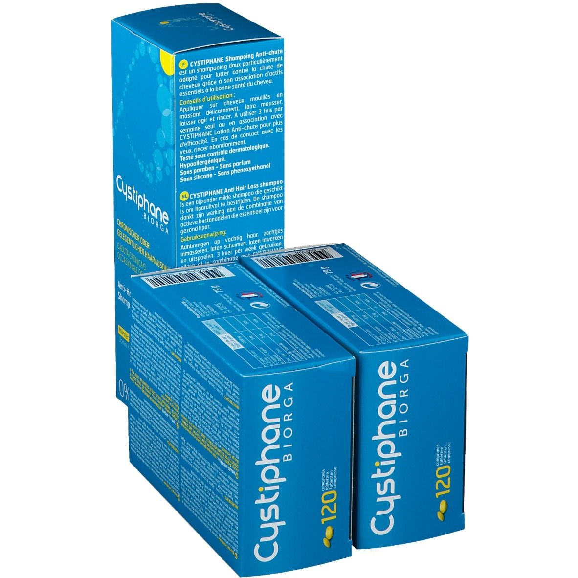 Blauwe dozen Cystiphane Biorga. Opschrift: 120 tabletten. Een andere doos met shampoo.