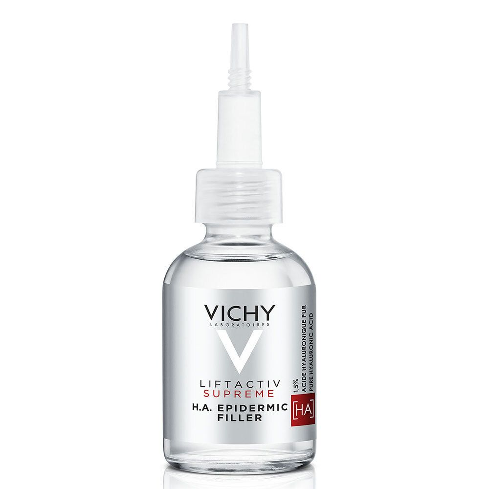 Vichy Liftactiv Supreme H.A. Epidermic Filler Serum. Transparante glazen fles met applicator.