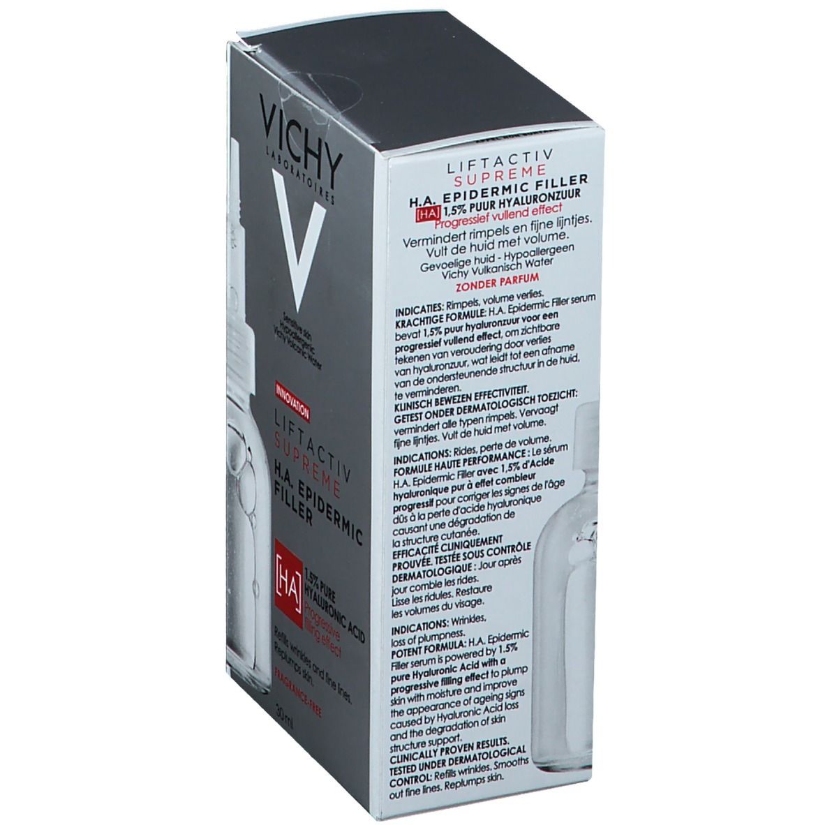Vichy Liftactiv Supreme H.A. Epidermic Filler verpakking. Achterkant met tekst.