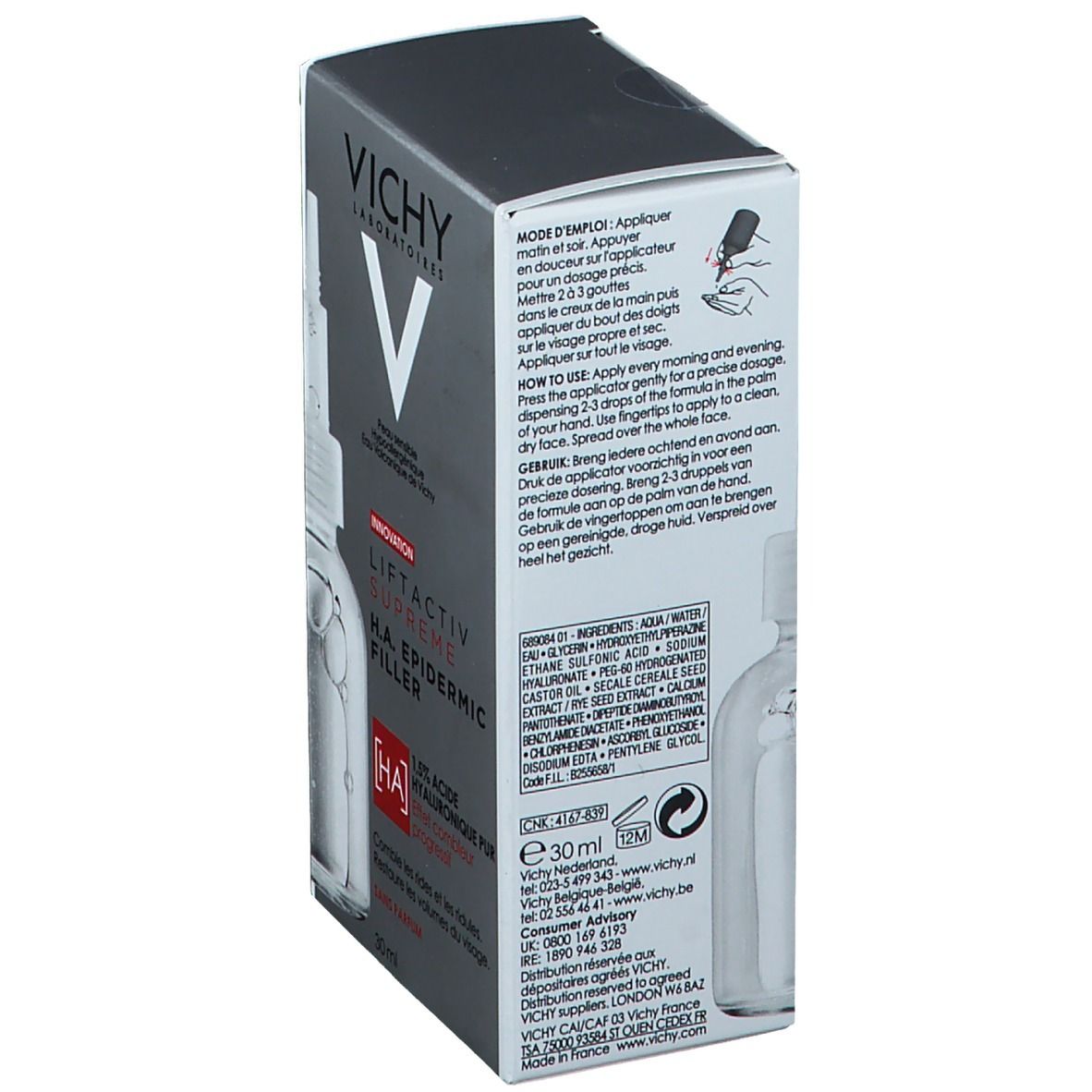 Vichy Liftactiv Supreme H.A. Epidermic Filler verpakking. Achterkant met tekst.