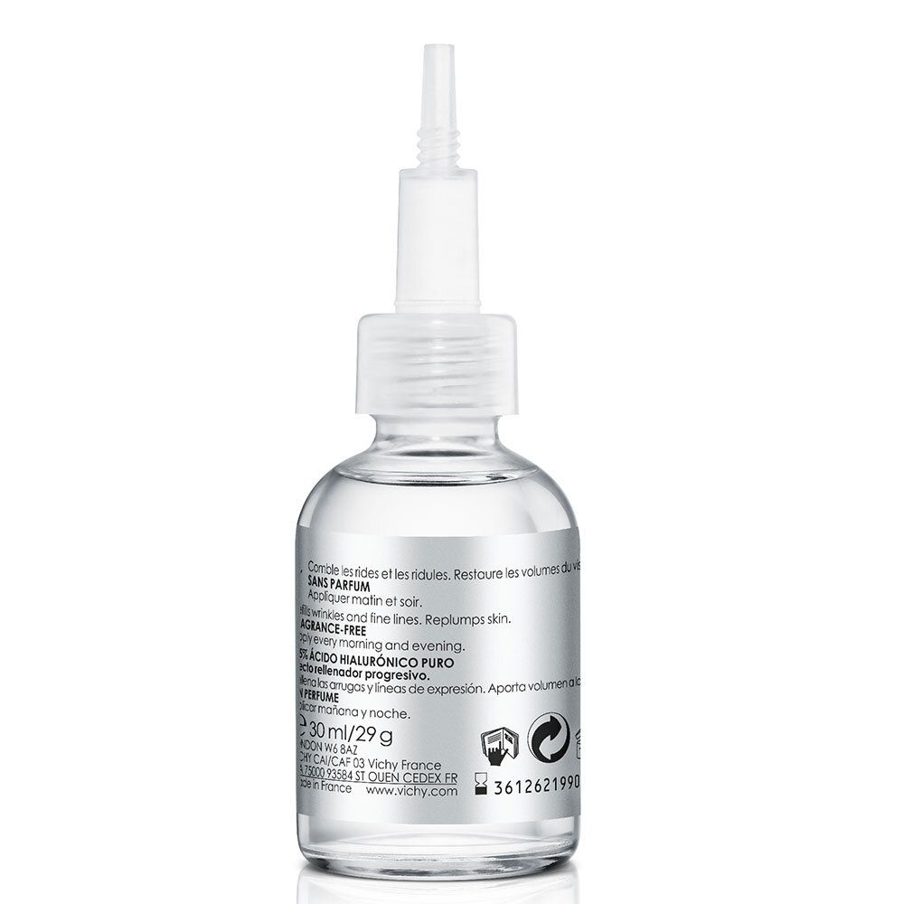 Achterkant van de Vichy Liftactiv Supreme H.A. Epidermic Filler Serum fles. Tekst.