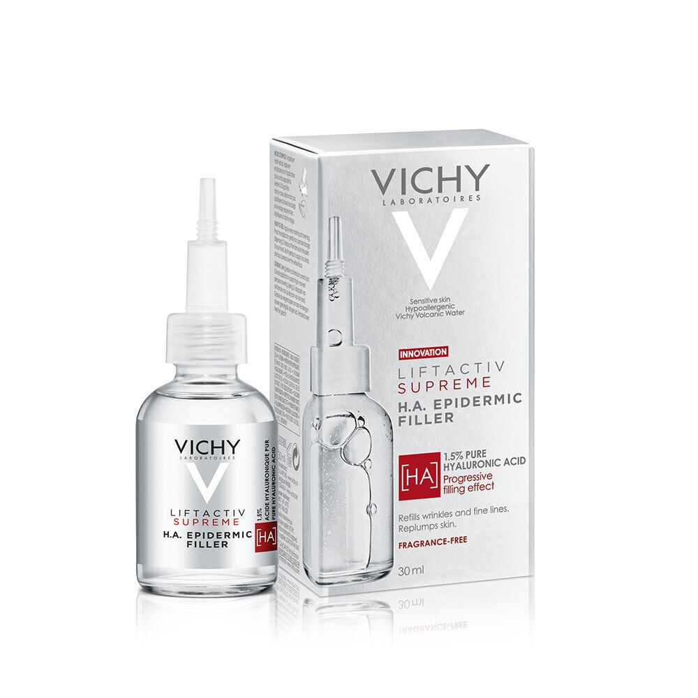 Vichy Liftactiv Supreme H.A. Epidermic Filler Serum en verpakking. Witte doos.