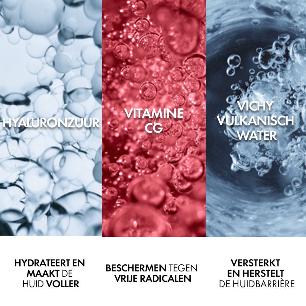 Close-up van bellen. Tekst: Hyaluronzuur, Vitamine CG, Vichy thermaal water.