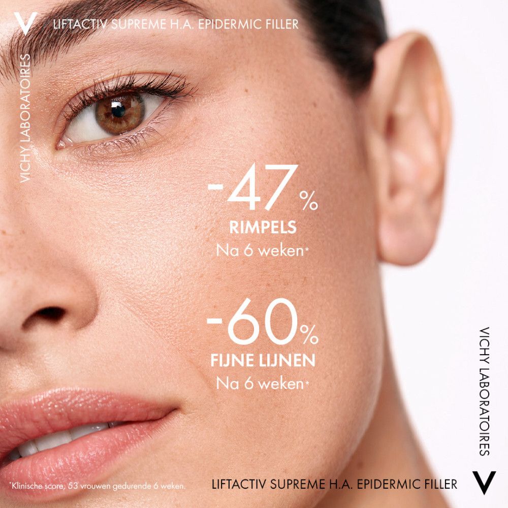 Gezicht van een vrouw. Tekst met percentages over rimpels en fijne lijntjes.