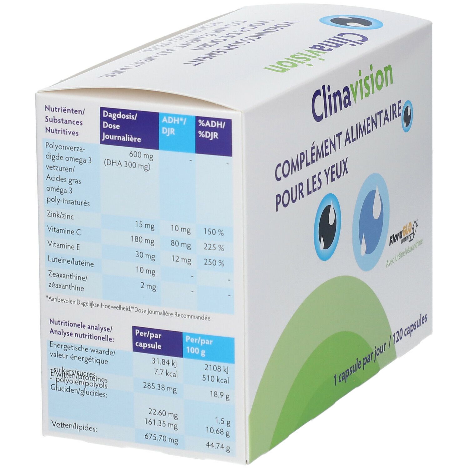 Doos "Clinavision" met voedingsinformatie. Details over Omega-3, zink, vitamine C en E. Tabel met voedingswaarden.
