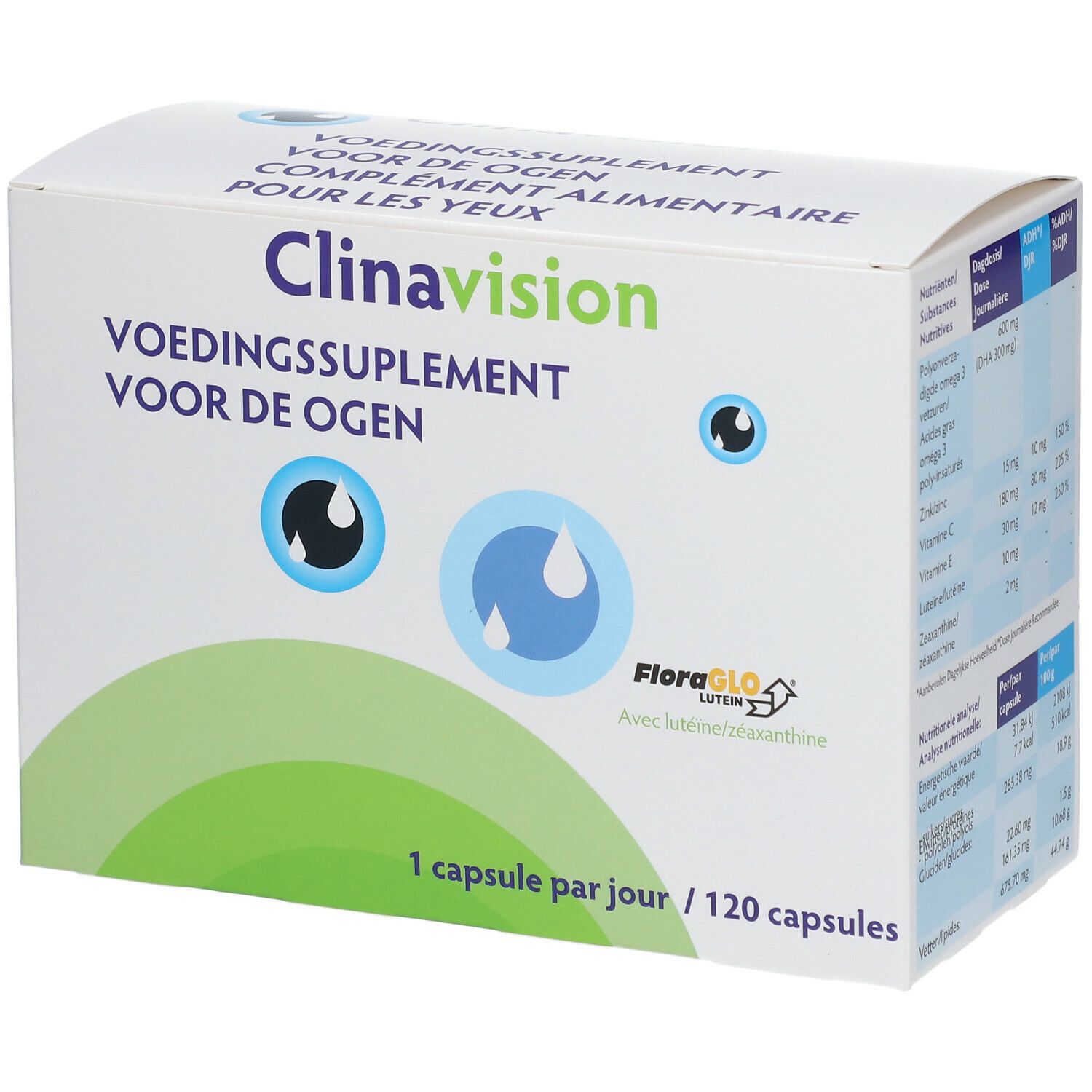 Witte doos "Clinavision", "VOEDINGSSUPPLEMENT VOOR DE OGEN". Bevat 120 capsules. Logo "FloraGLO Lutein/Zeaxanthine".