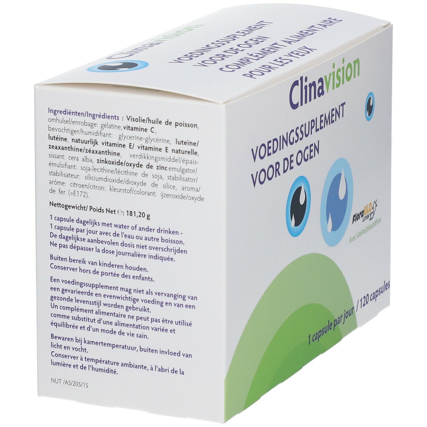 Doos "Clinavision" met ingrediënten: visolie, luteïne, vitamine E, etc. Bevat 120 capsules. Waarschuwingen.