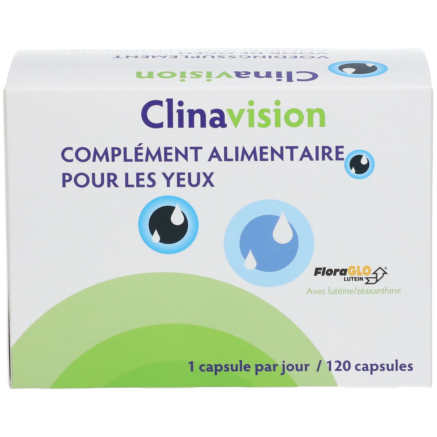 Witte doos "Clinavision", "COMPLÉMENT ALIMENTAIRE POUR LES YEUX". Bevat 120 capsules. Logo "FloraGLO Lutein/Zeaxanthine".