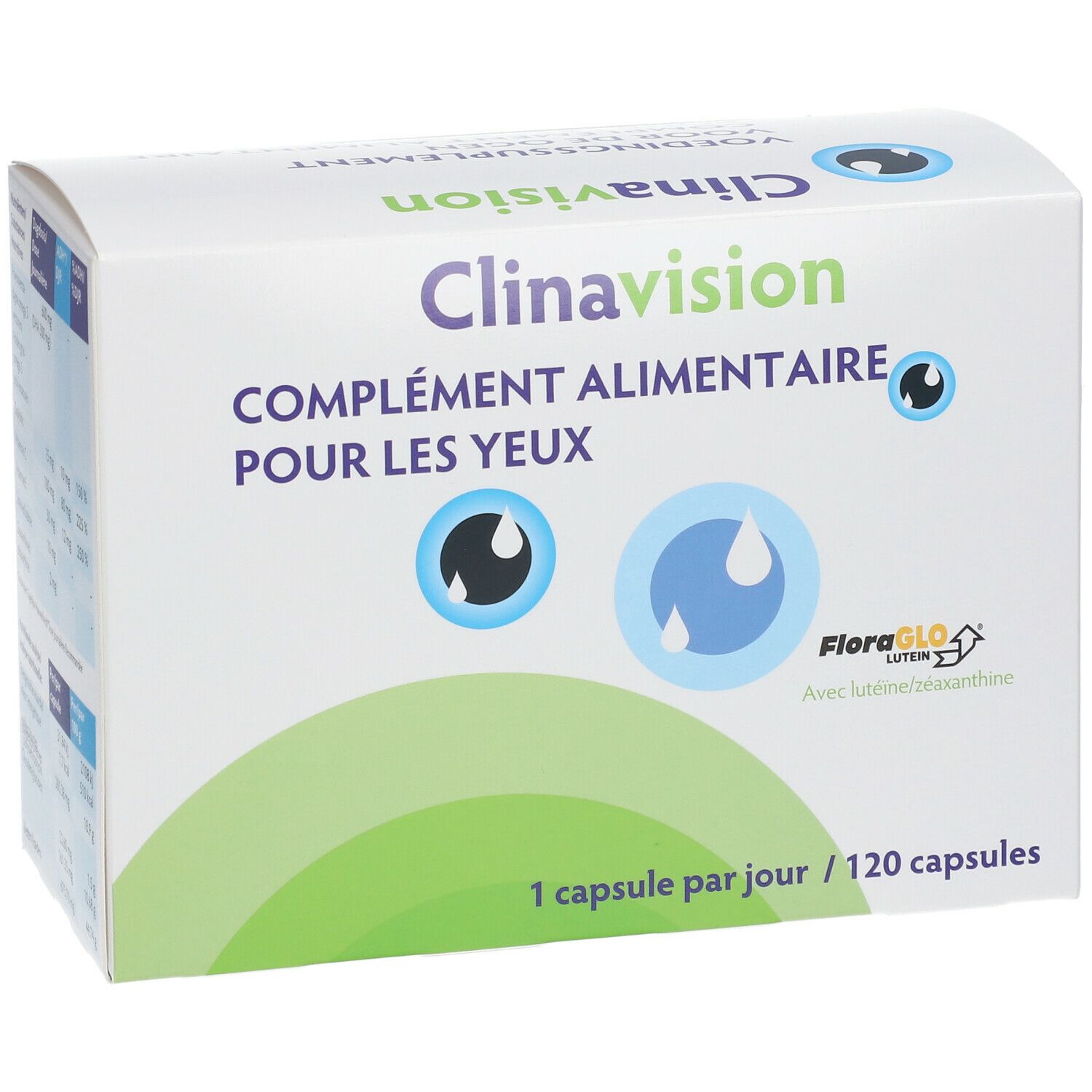 Witte doos "Clinavision", "COMPLÉMENT ALIMENTAIRE POUR LES YEUX". Bevat 120 capsules. Logo "FloraGLO Lutein/Zeaxanthine".