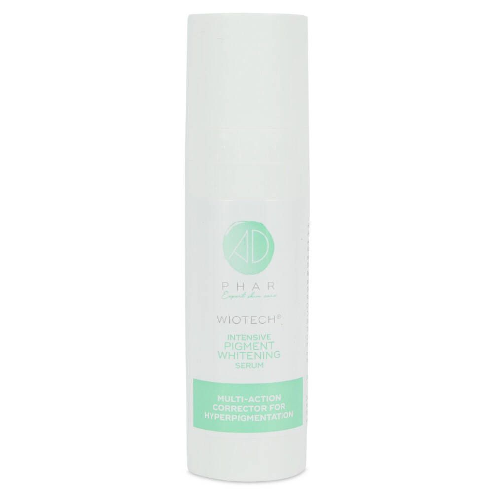 Sérum blanc. Inscription : WIOTECH, Sérum éclaircissant intensif pour les pigments. Correcteur multi-action pour l'hyperpigmentation.
