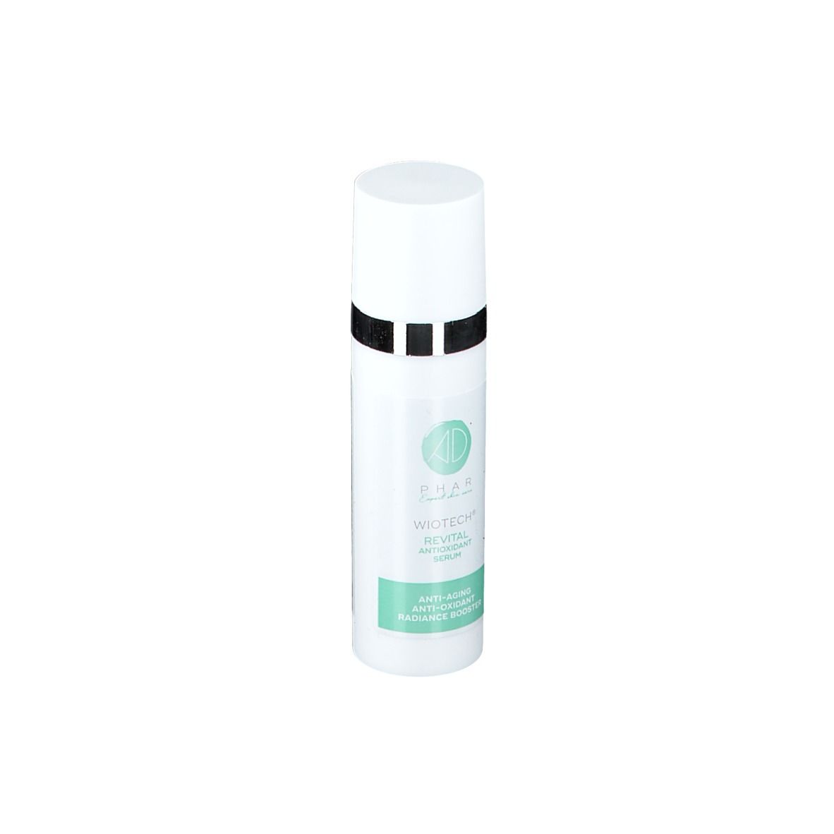 Witte fles met tekst. Opschrift: AD Phar WIOTECH® Revital Antioxidant Serum. Anti-aging.