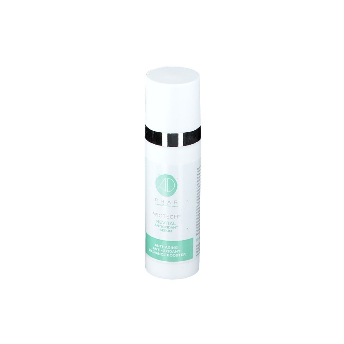 Witte fles met tekst. Opschrift: AD Phar WIOTECH® Revital Antioxidant Serum. Anti-aging.