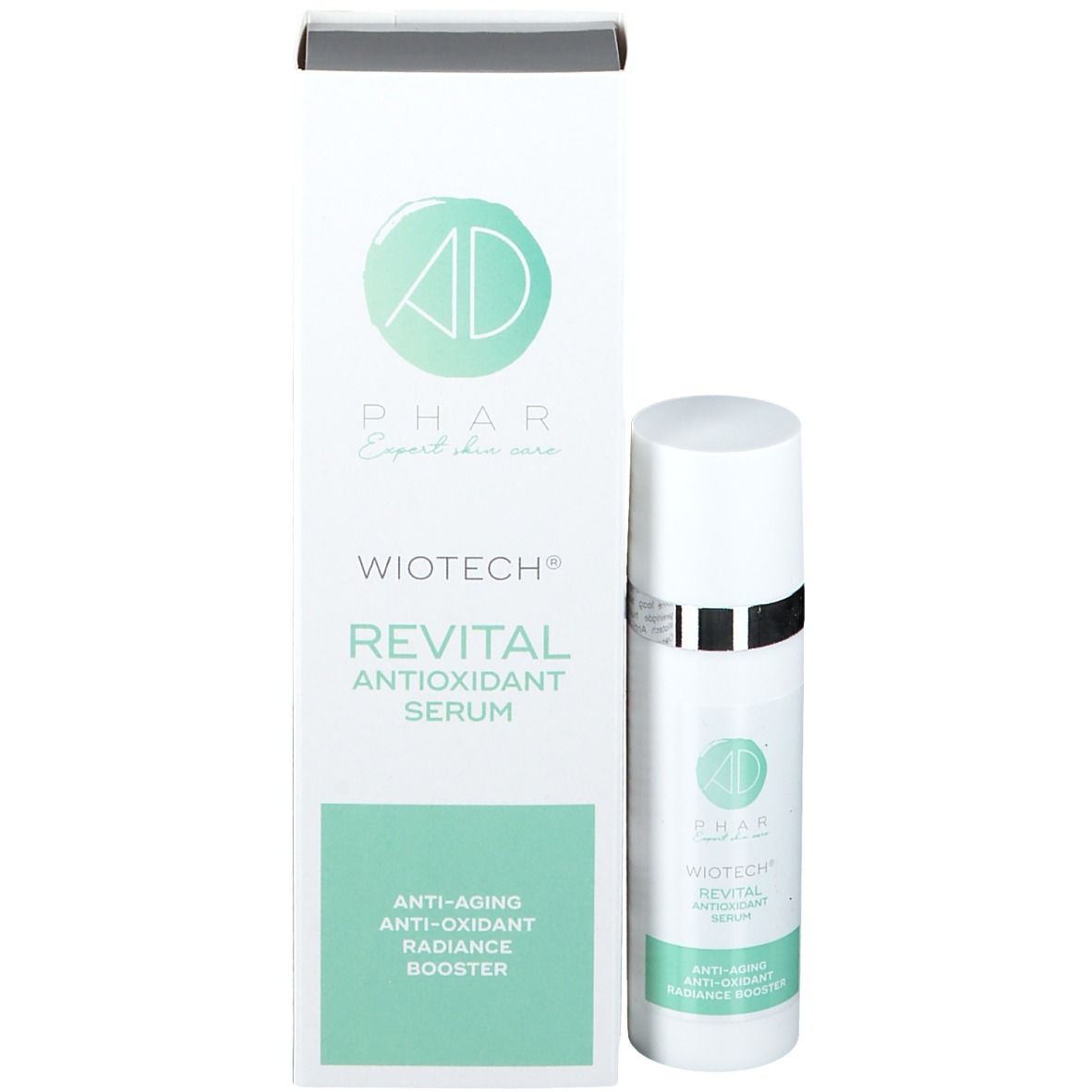 Productverpakking met fles. Opschrift: AD Phar WIOTECH® Revital Antioxidant Serum. Anti-aging.