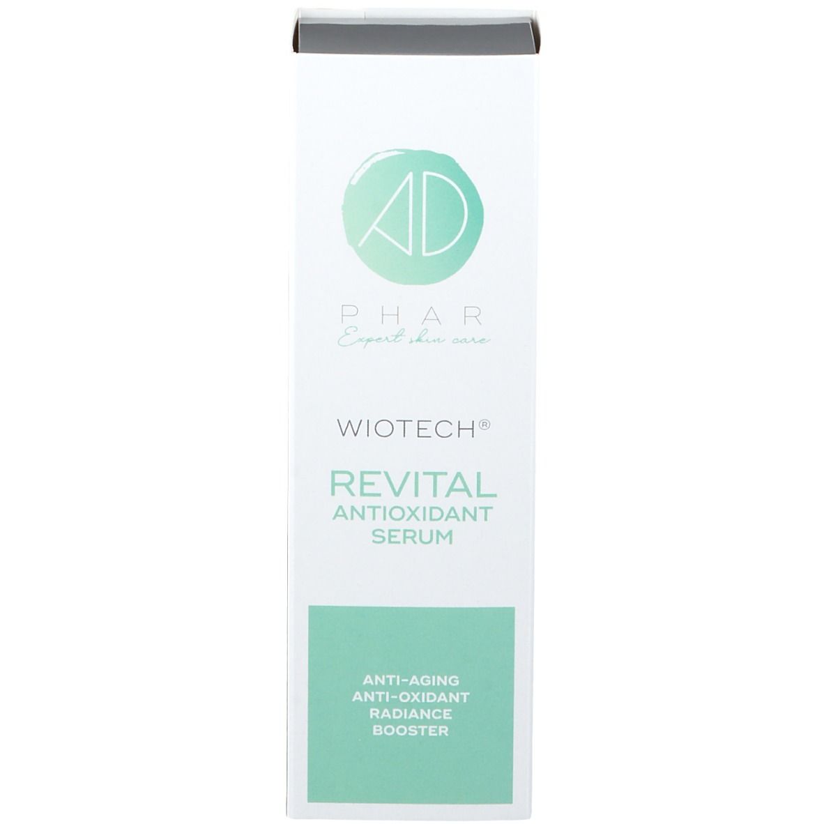 Productverpakking. Opschrift: AD Phar WIOTECH® Revital Antioxidant Serum. Anti-aging.