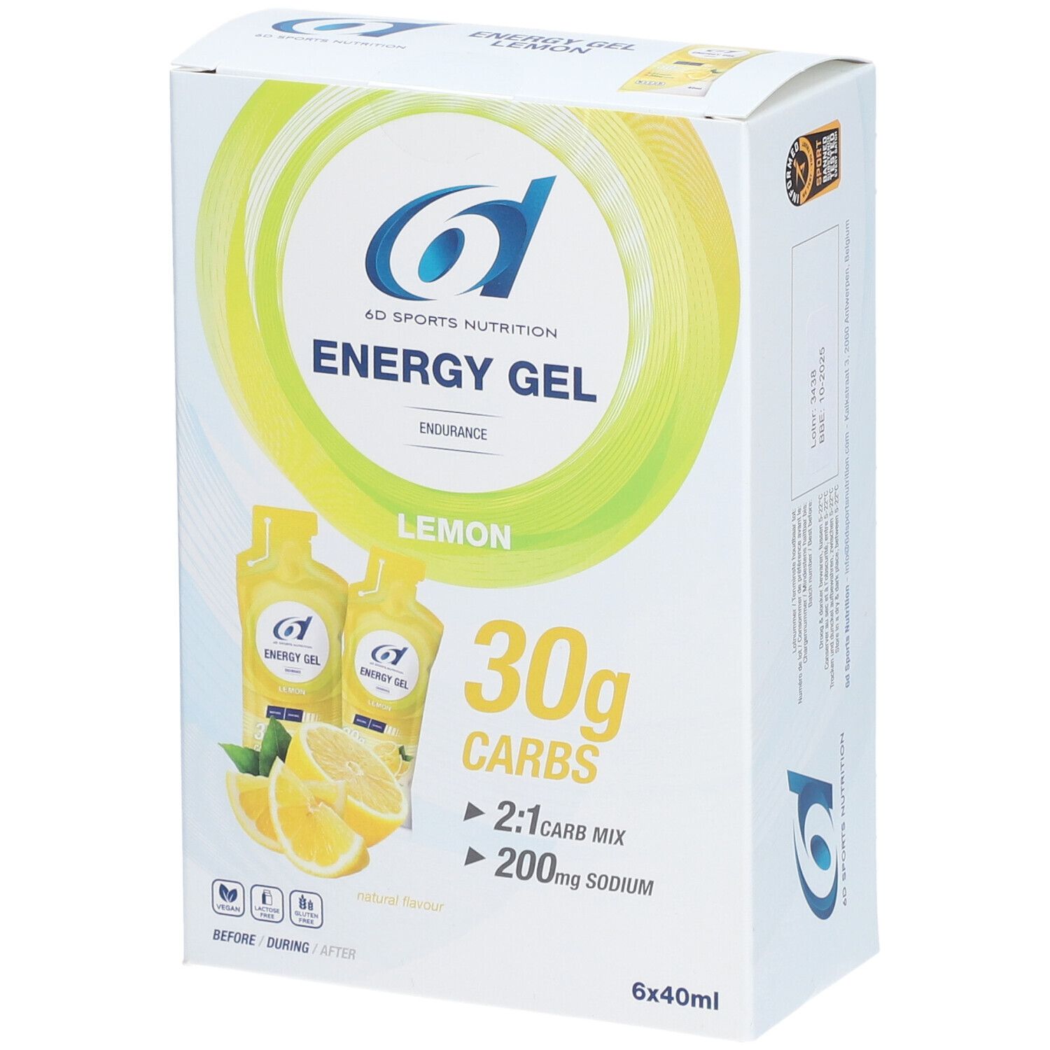 Doos met 6D Sports Nutrition Energy Gel Zitrone. Bevat 30g koolhydraten, 2:1 carb mix en 200mg natrium. 6x40ml.