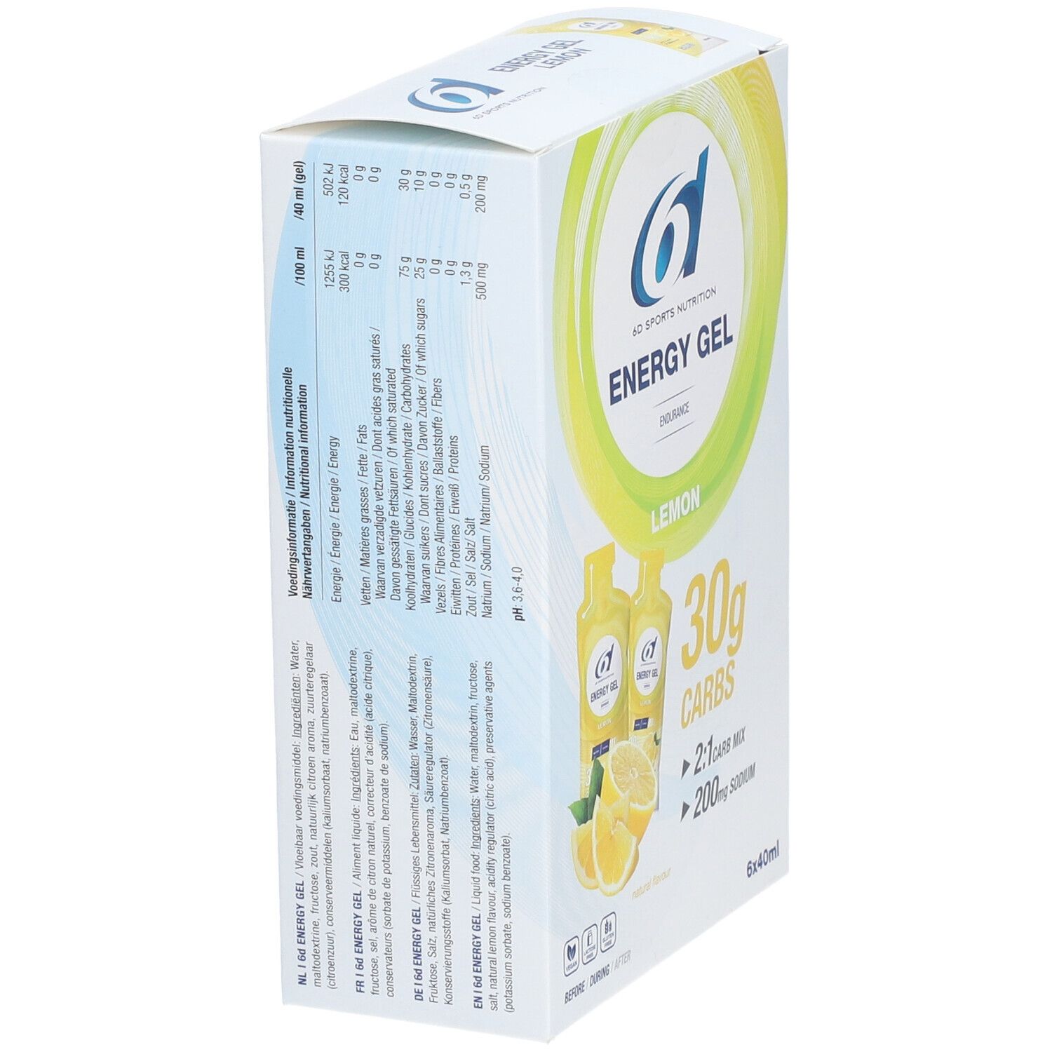 Doos 6D Sports Nutrition Energy Gel Zitrone. Voedingswaarde en ingrediënten. 6x40ml. Meertalige bedrukking.