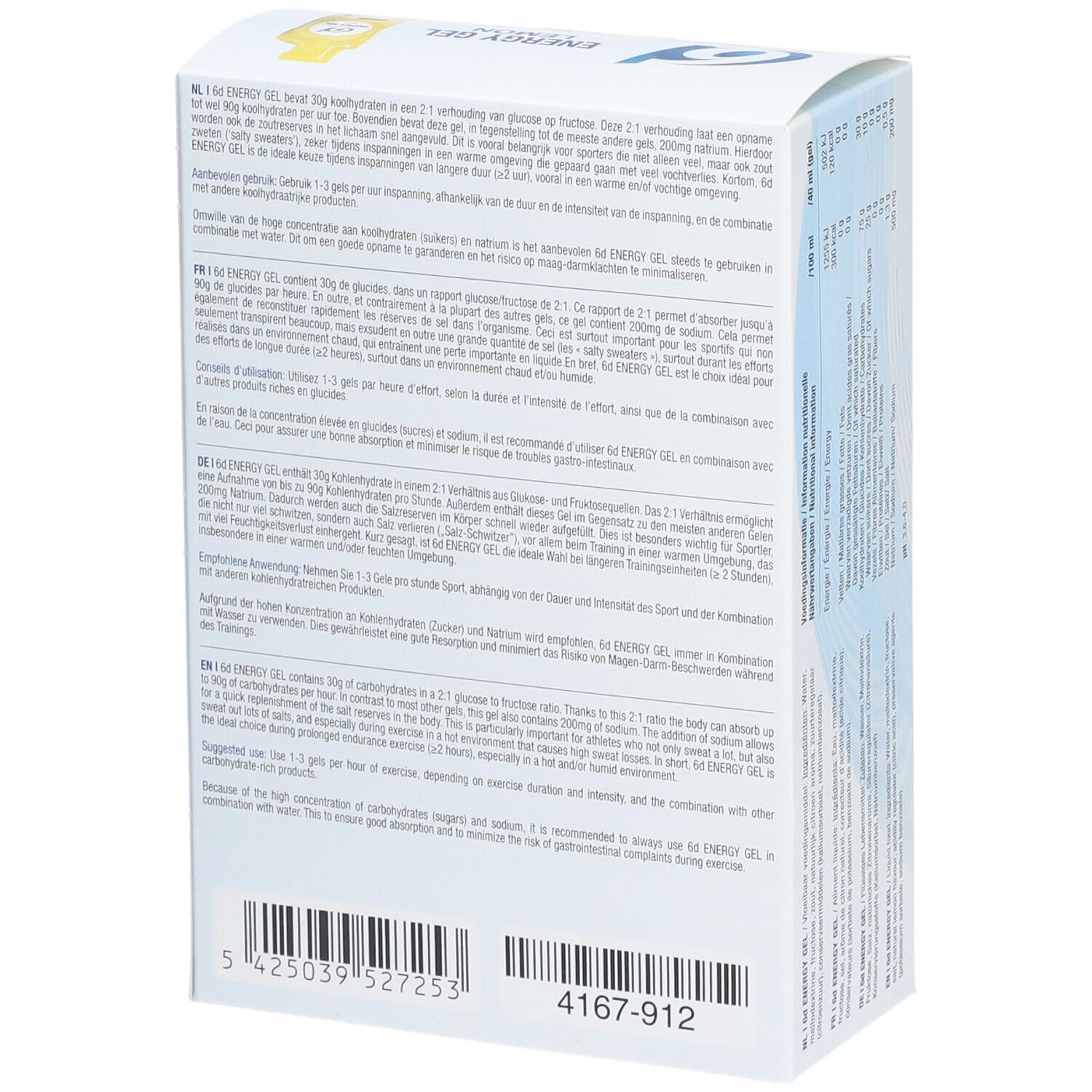 Achterkant verpakking 6D Sports Nutrition Energy Gel Zitrone. Tekst in meerdere talen. Gebruiksinformatie.