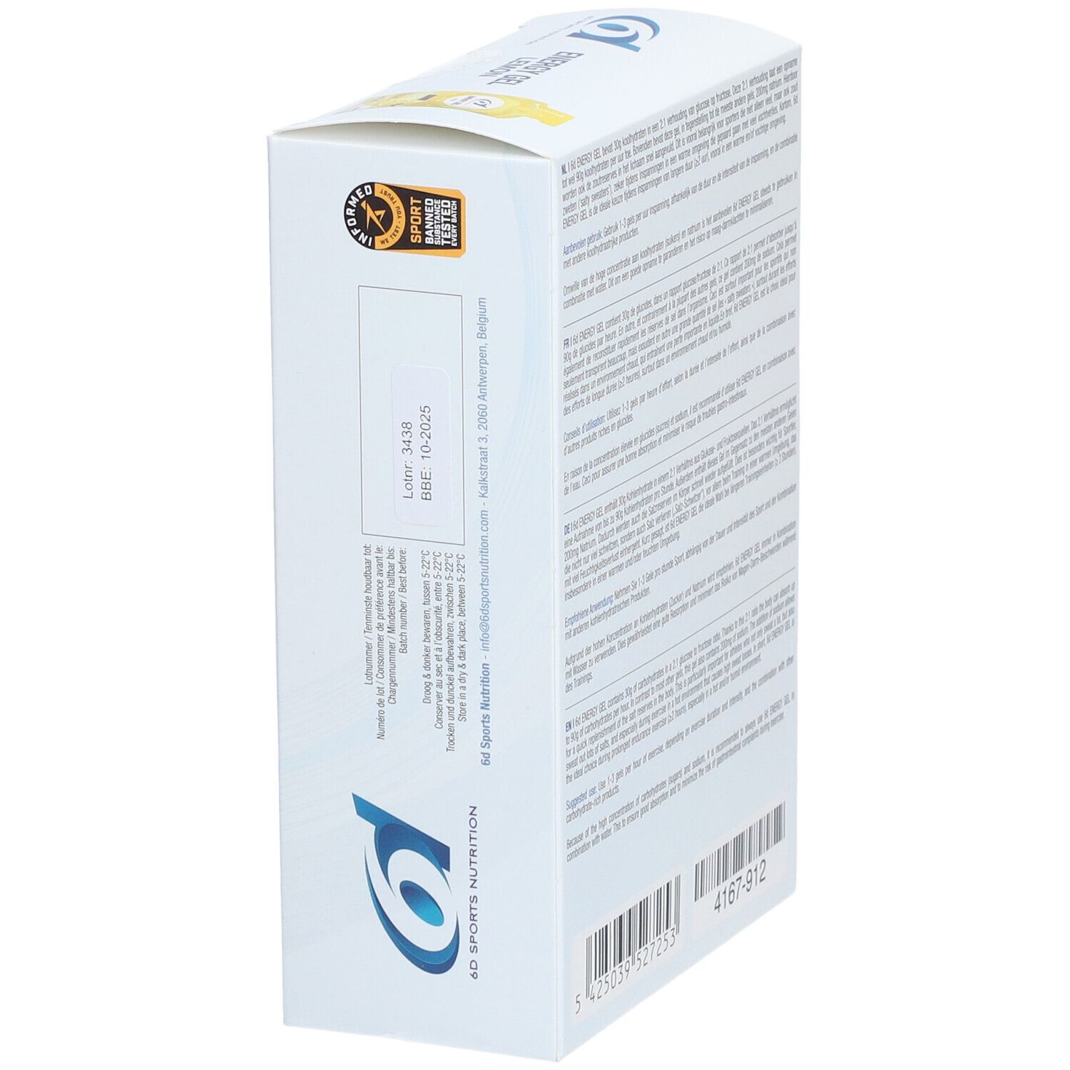 Zijkant verpakking 6D Sports Nutrition Energy Gel Zitrone. Houdbaarheid en fabrikant informatie.
