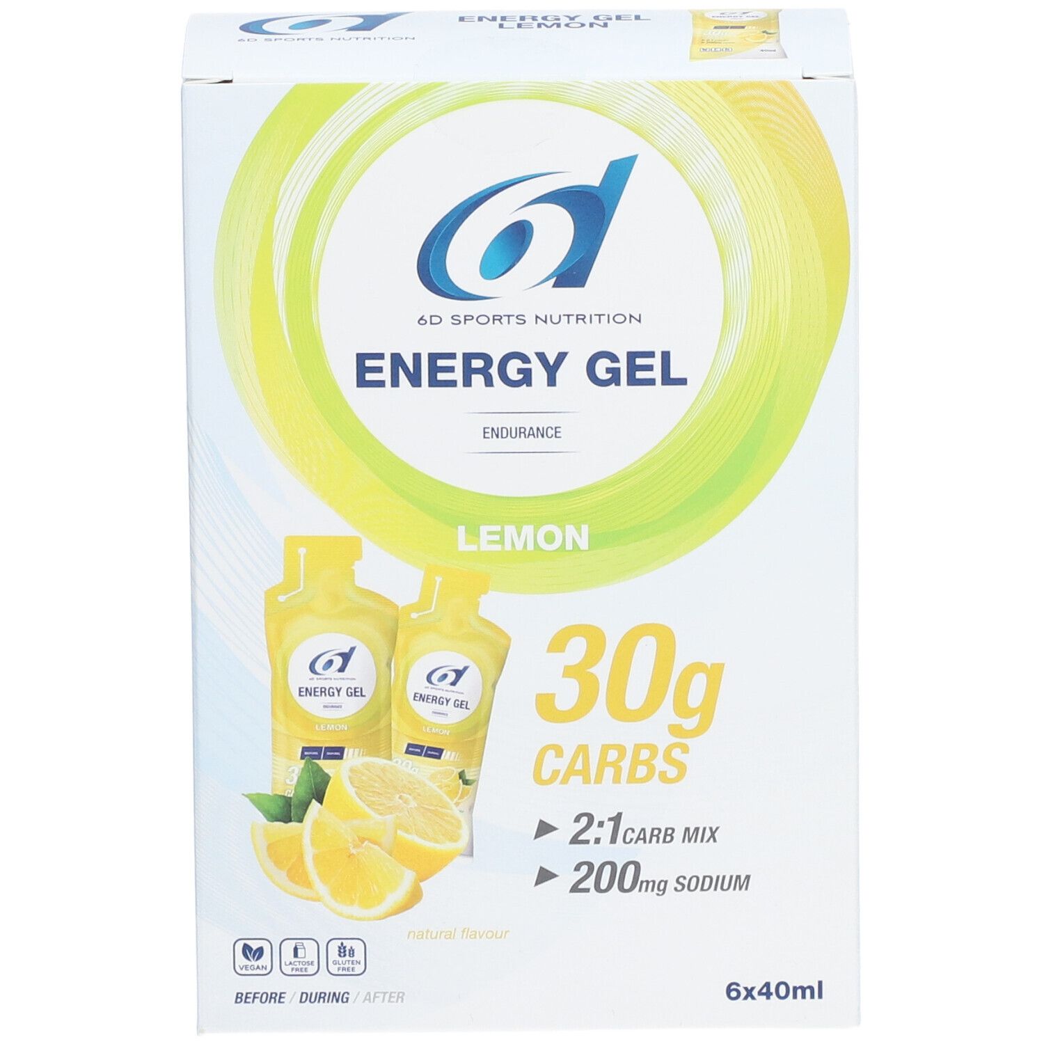 Doos met 6D Sports Nutrition Energy Gel Zitrone. Bevat 30g koolhydraten, 2:1 carb mix en 200mg natrium. 6x40ml.