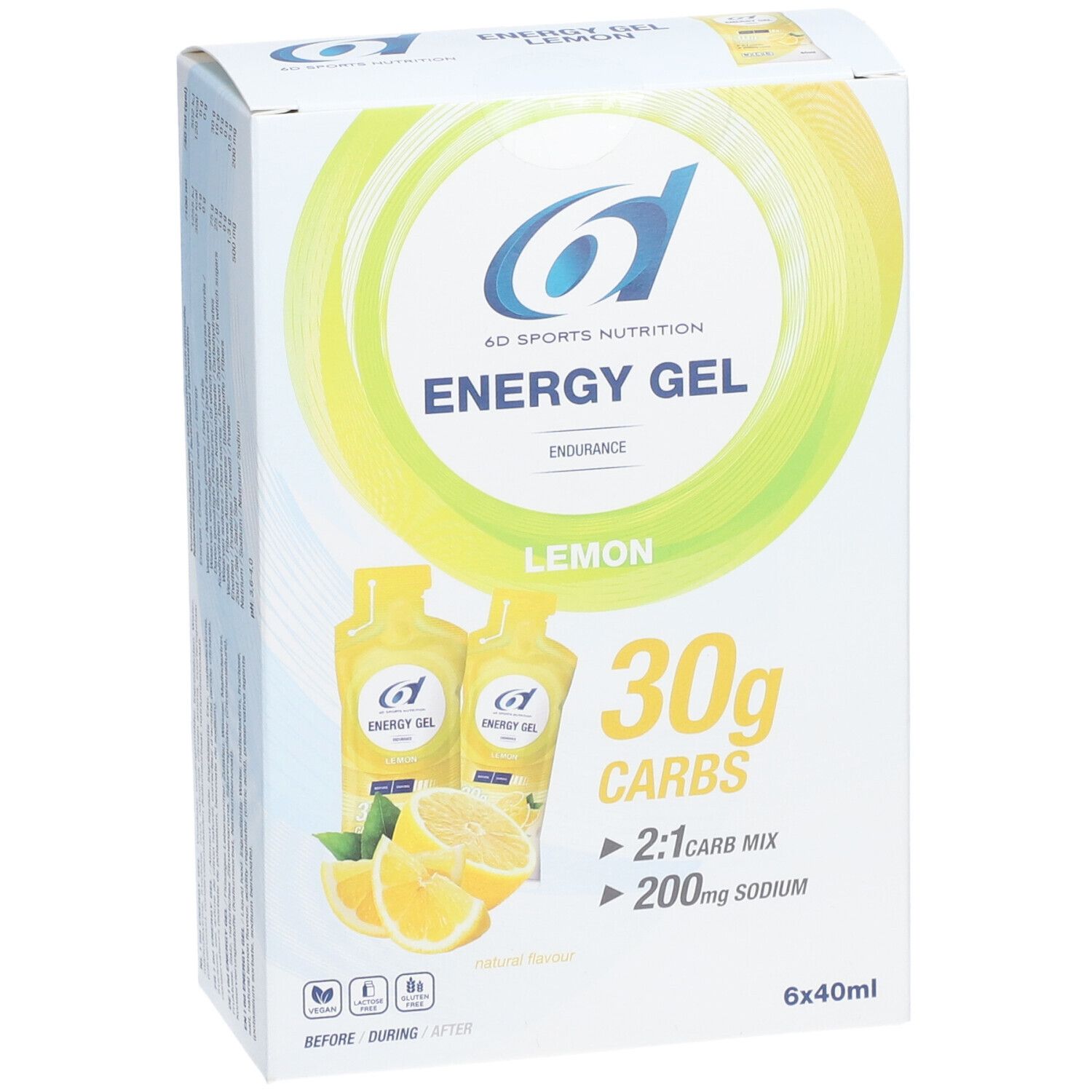 Doos met 6D Sports Nutrition Energy Gel Zitrone. Bevat 30g koolhydraten, 2:1 carb mix en 200mg natrium. 6x40ml.