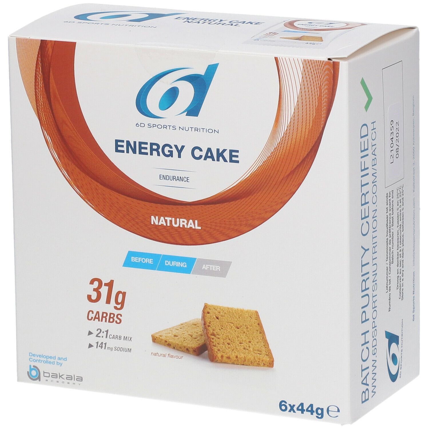 Boîte de 6D Sports Nutrition Energy Cake. Contient 6 barres. Inscription : 31g glucides, mélange 2:1 glucides, 141mg sodium. Certifié.