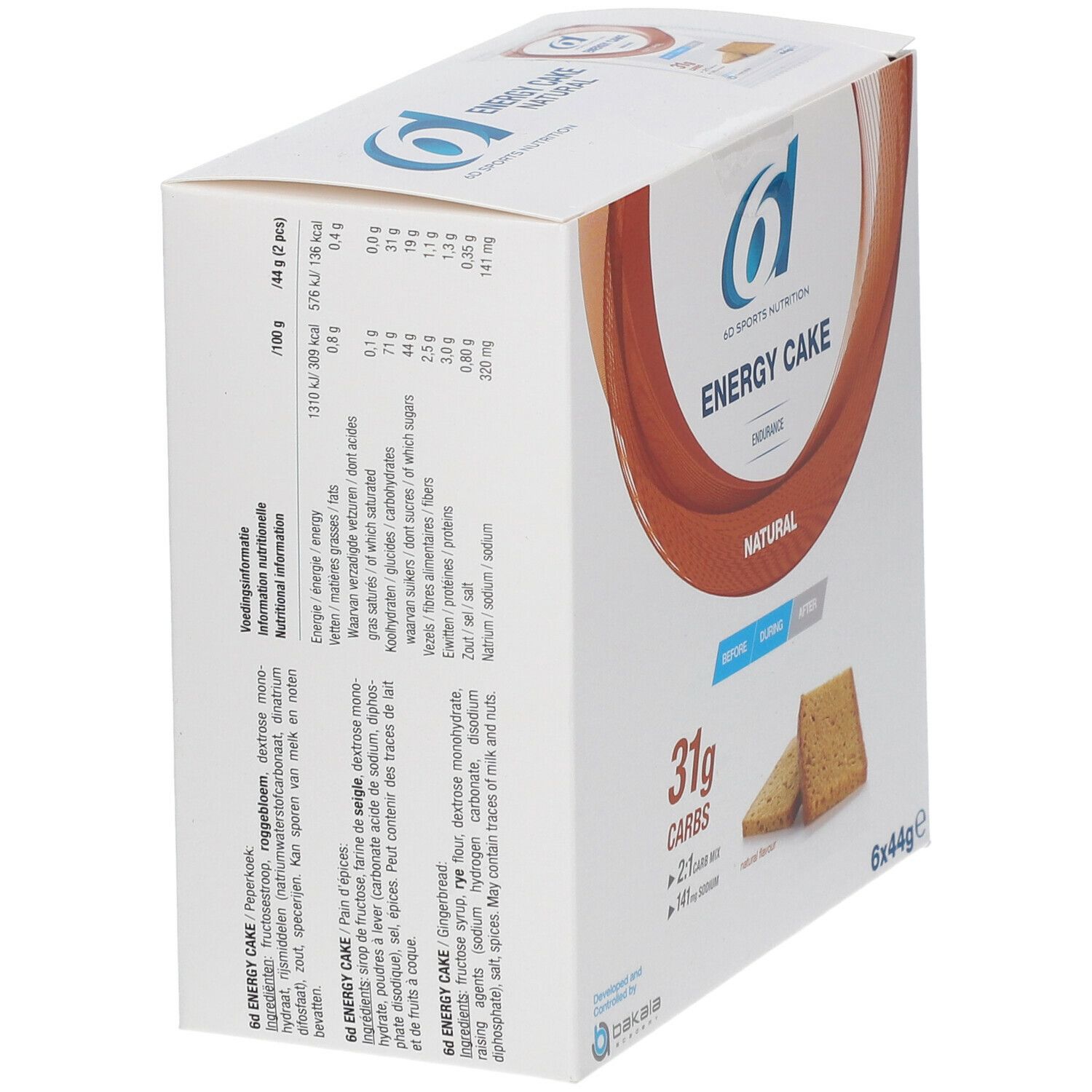 Boîte de 6D Sports Nutrition Energy Cake. Contient 6 barres. Informations nutritionnelles et liste des ingrédients. Inscription : 31g glucides.