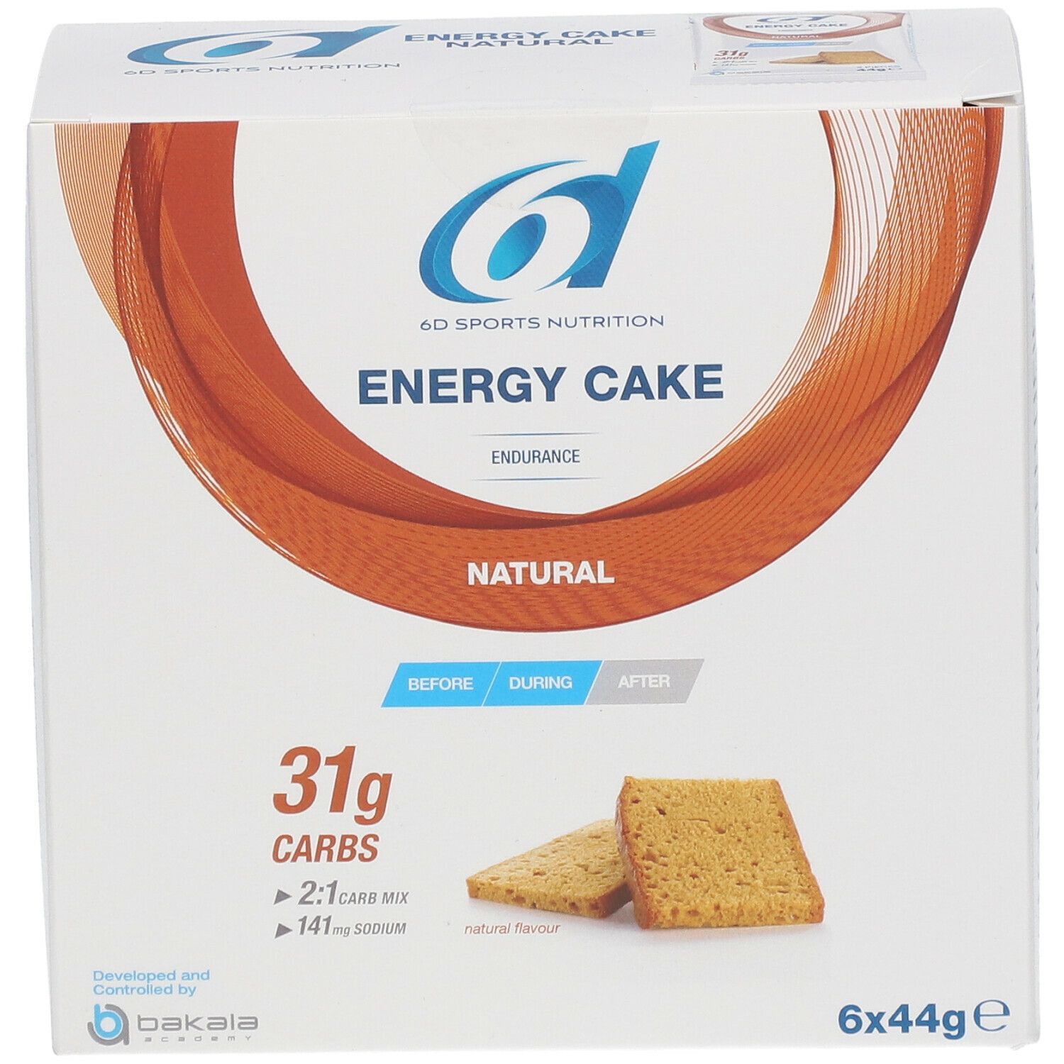 Boîte de 6D Sports Nutrition Energy Cake. Contient 6 barres. Inscription : 31g glucides, mélange 2:1 glucides, 141mg sodium. Certifié.