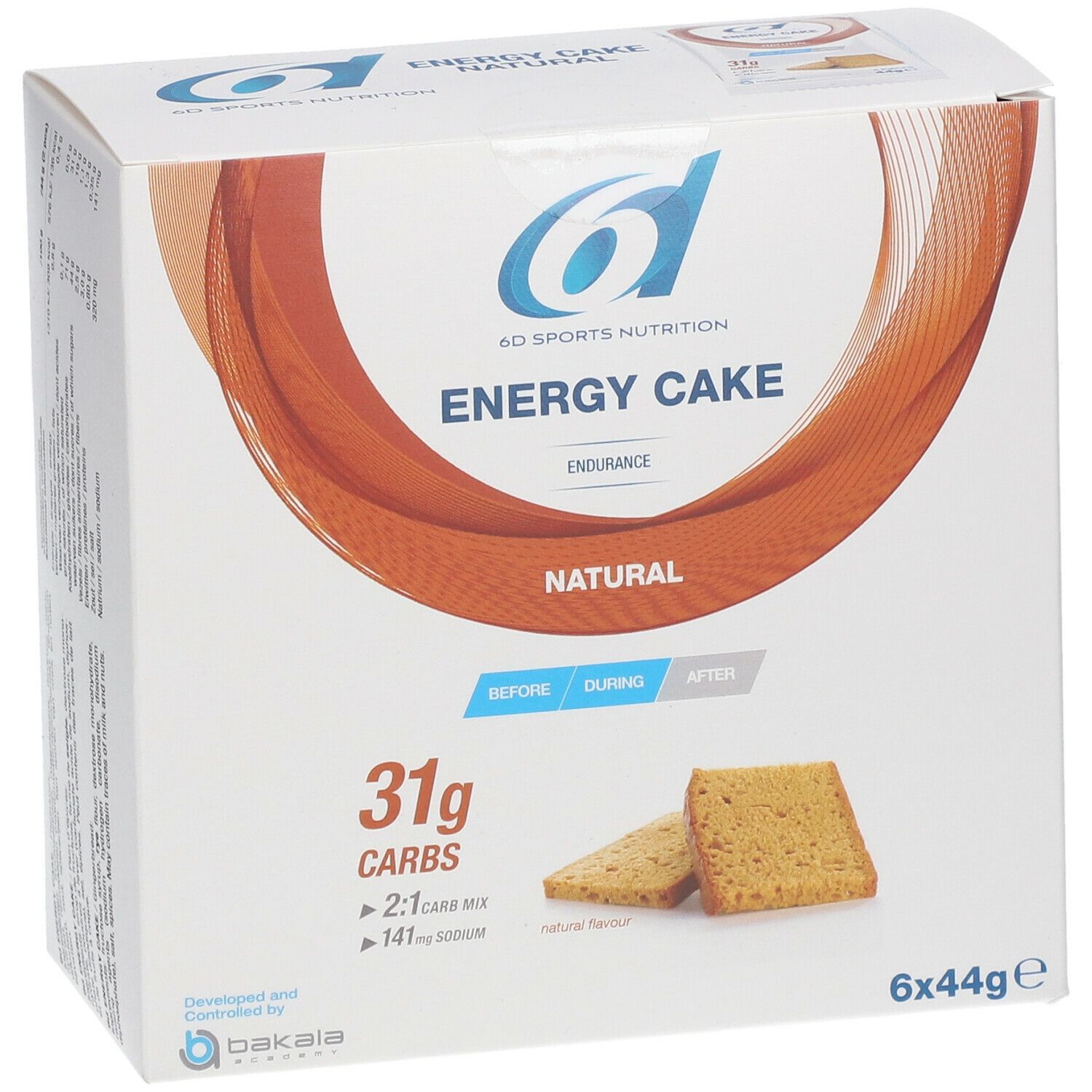 Boîte de 6D Sports Nutrition Energy Cake. Contient 6 barres. Inscription : 31g glucides, mélange 2:1 glucides, 141mg sodium. Certifié.