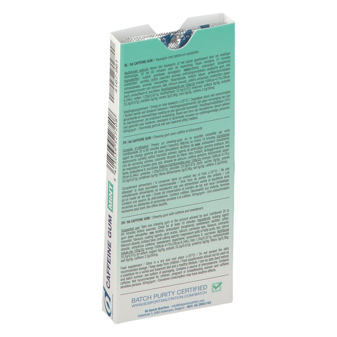 Rückseite der Verpackung mit Text in mehreren Sprachen. Batch Purity Certified-Logo. Informationen zu Inhaltsstoffen und Nährwerten.
