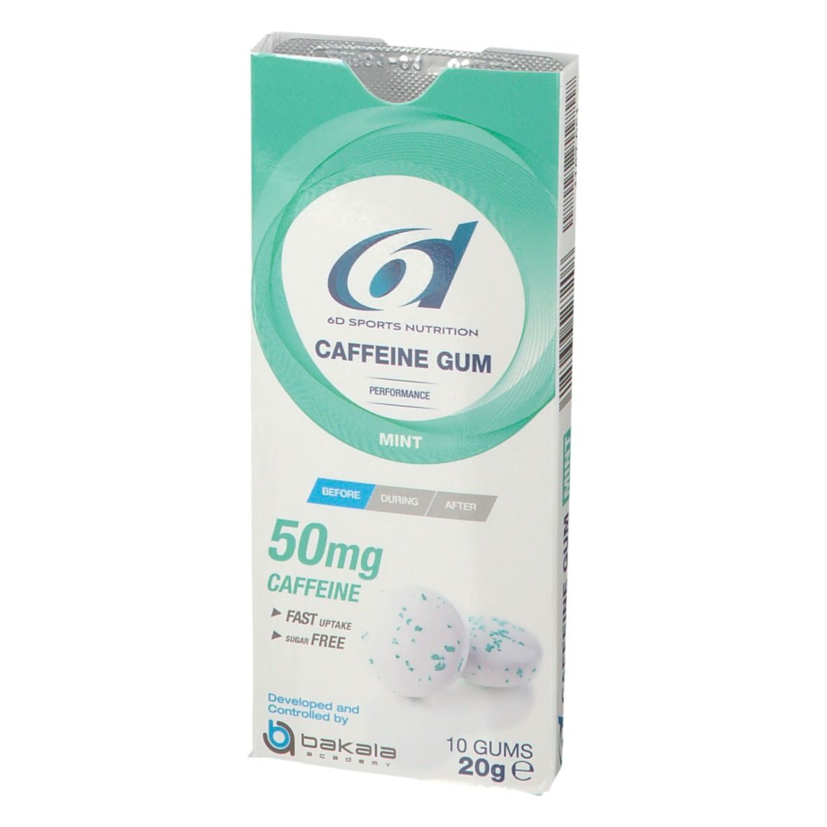 Verpackung mit Kaugummi. Aufschrift: 6D Sports Nutrition, Koffein-Kaugummi, 50mg Koffein, Minze. 10 Stück, 20g. Bakala-Logo.
