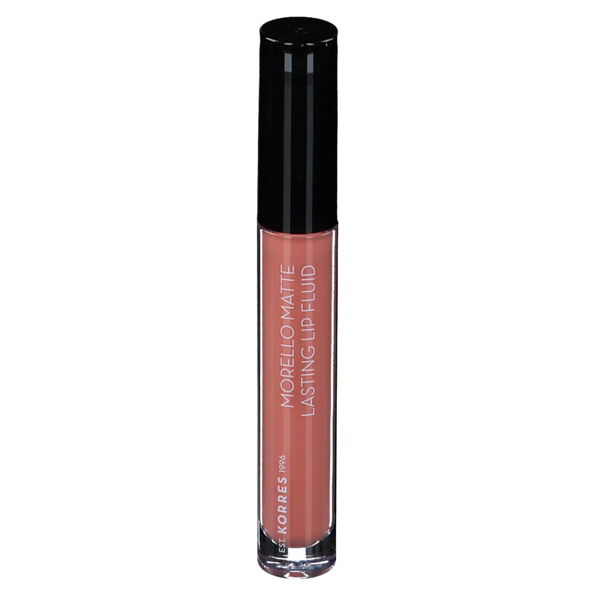 Fluide à lèvres nude dans un flacon transparent avec bouchon noir. Inscription : Morello Matte Lasting Lip Fluid.