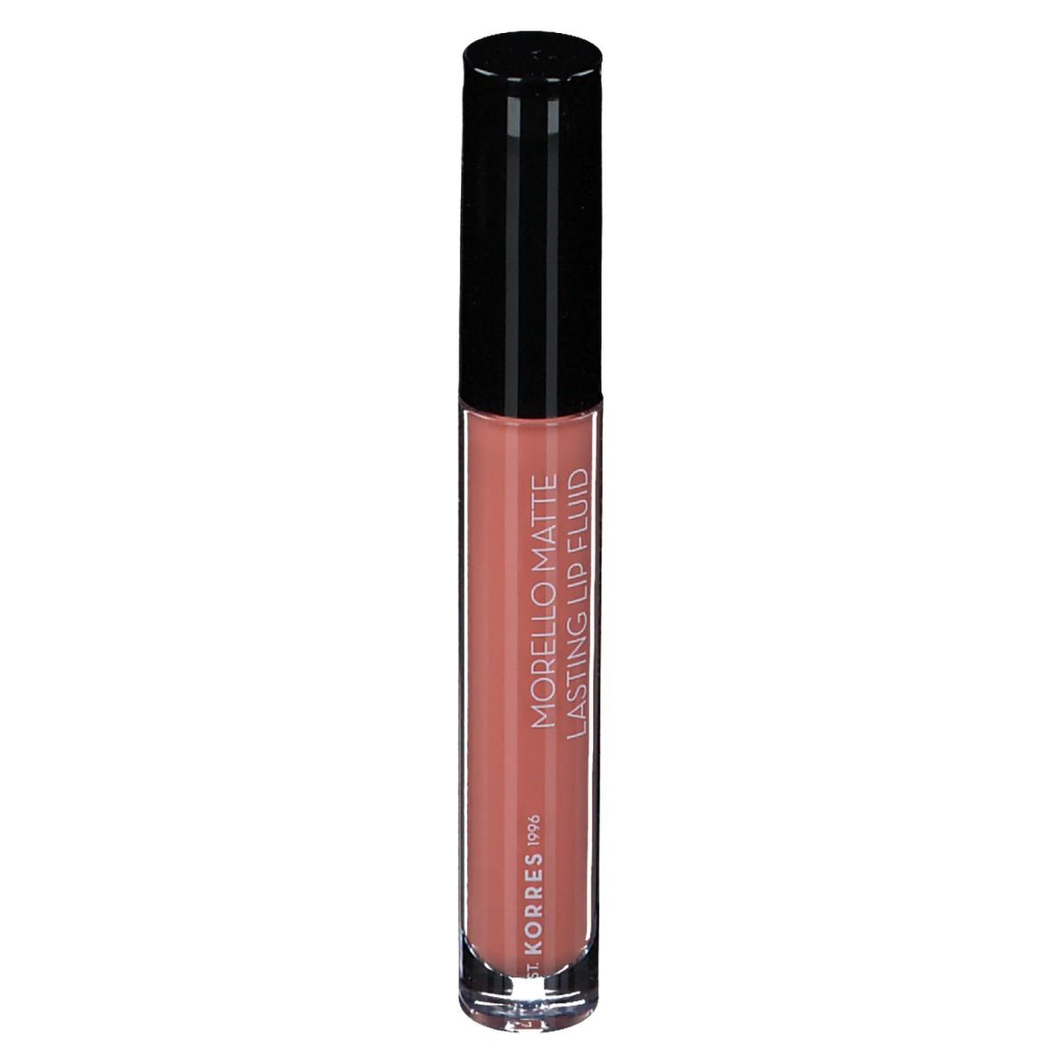 Fluide à lèvres nude dans un flacon transparent avec bouchon noir. Inscription : Morello Matte Lasting Lip Fluid.