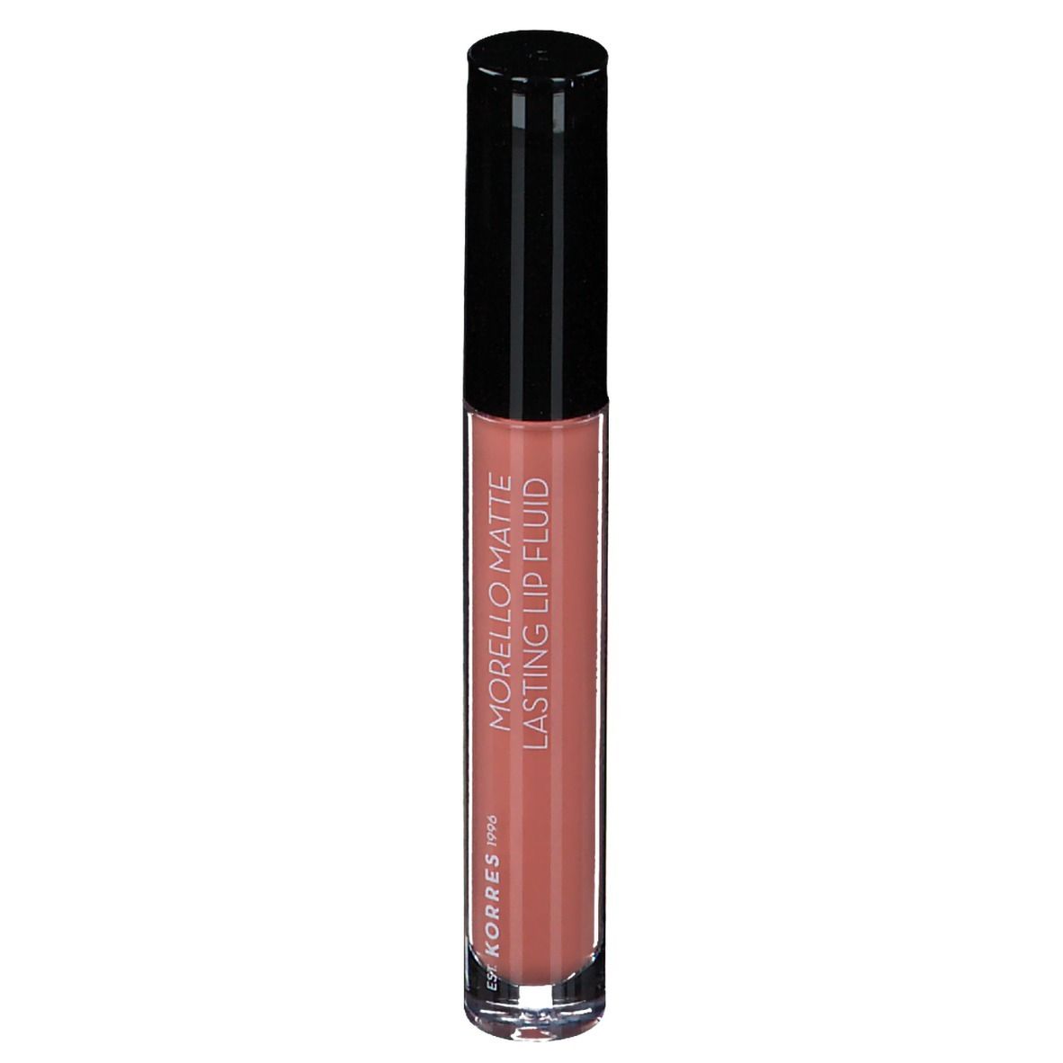 Fluide à lèvres nude dans un flacon transparent avec bouchon noir. Inscription : Morello Matte Lasting Lip Fluid.