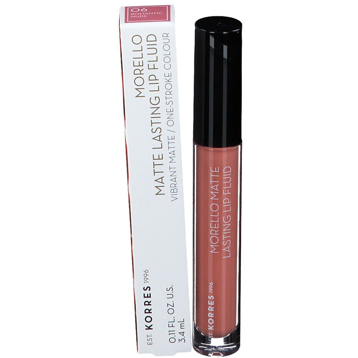 Fluide à lèvres avec emballage. Inscription : Morello, Matte Lasting Lip Fluid, Vibrant Matte/One Stroke Colour. Teinte 06 Romance Nude.