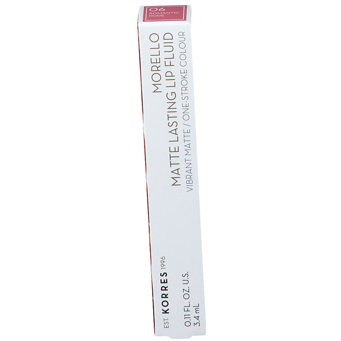 Emballage de fluide à lèvres. Inscription : Morello, Matte Lasting Lip Fluid, Vibrant Matte/One Stroke Colour. Teinte 06 Romance Nude.