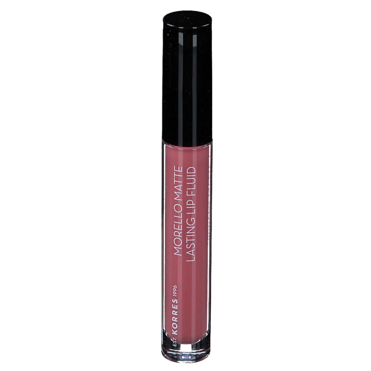 Fluide à lèvres rose. Bouchon noir. Texte : Morello Matte Lasting Lip Fluid.