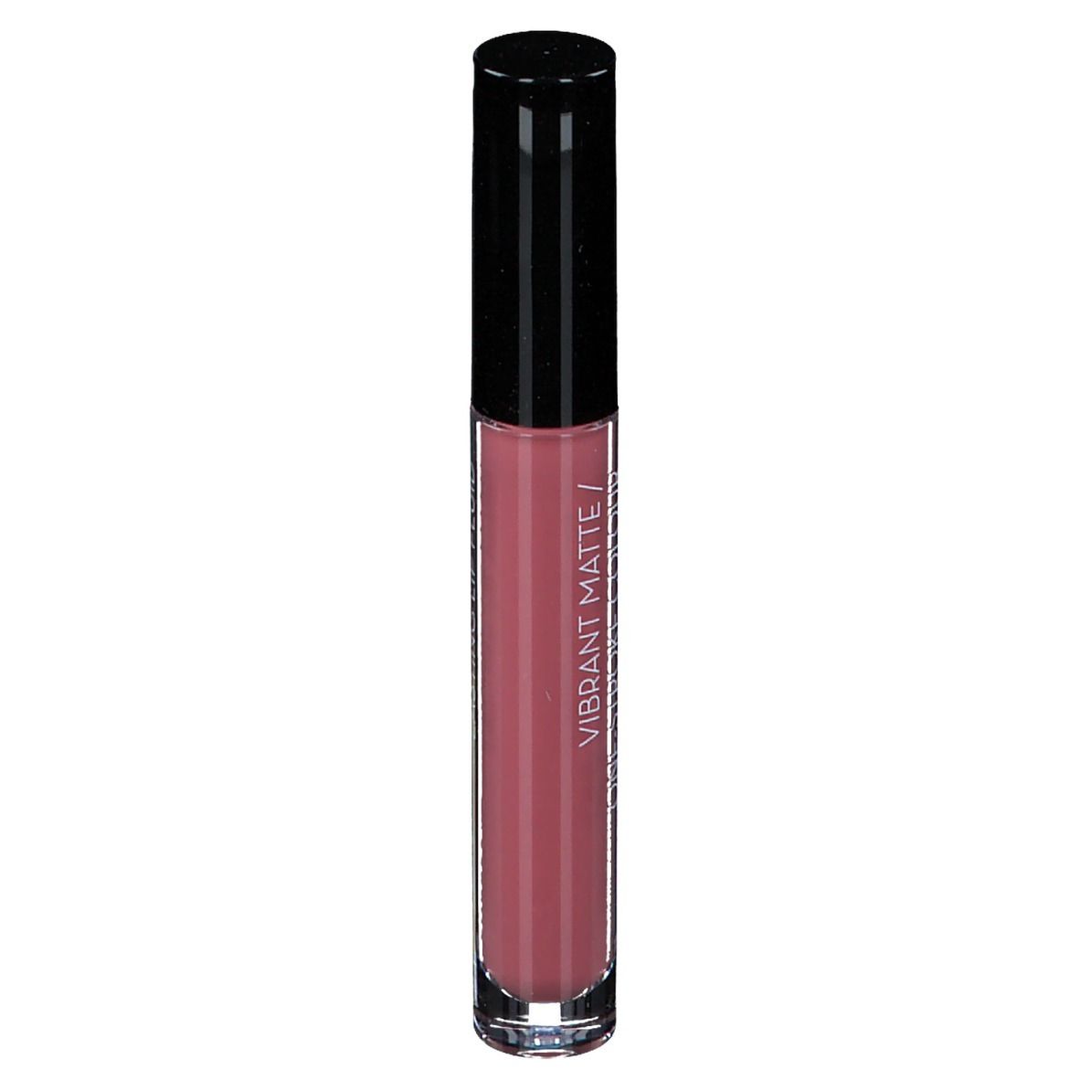 Fluide à lèvres rose. Bouchon noir. Texte : Vibrant Matte / One-Stroke Colour.