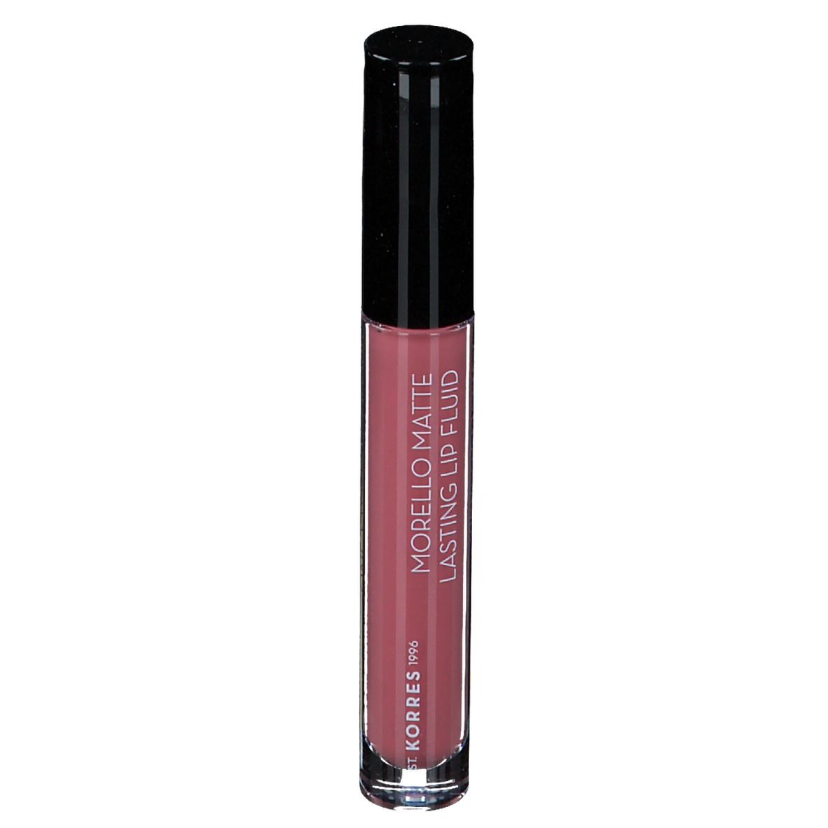 Fluide à lèvres rose. Bouchon noir. Texte : Morello Matte Lasting Lip Fluid.