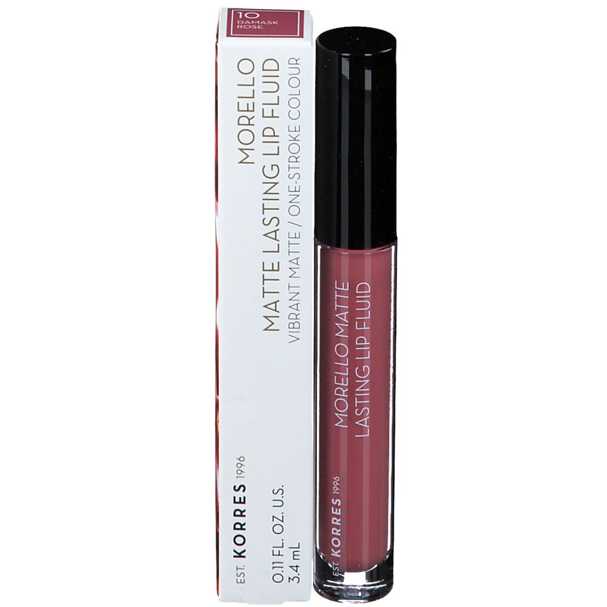 Fluide à lèvres avec emballage. Texte : Morello, Matte, Lasting Lip Fluid, 10 Damask Rose, 0.11 fl. oz., 3.4 ml.