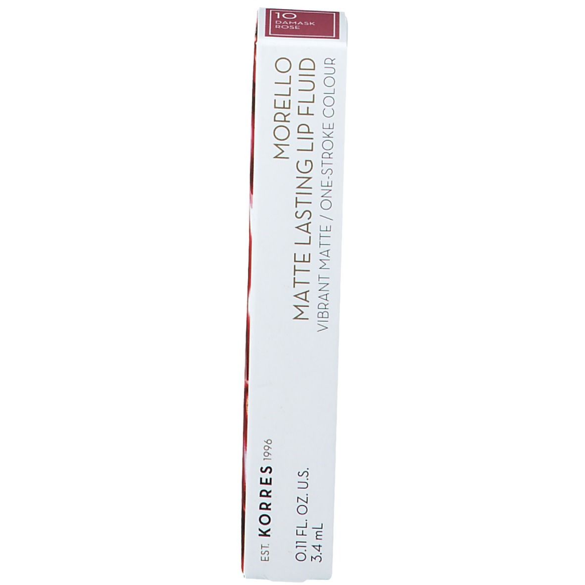 Emballage. Texte : Morello, Matte, Lasting Lip Fluid, 10 Damask Rose, 0.11 fl. oz., 3.4 ml.