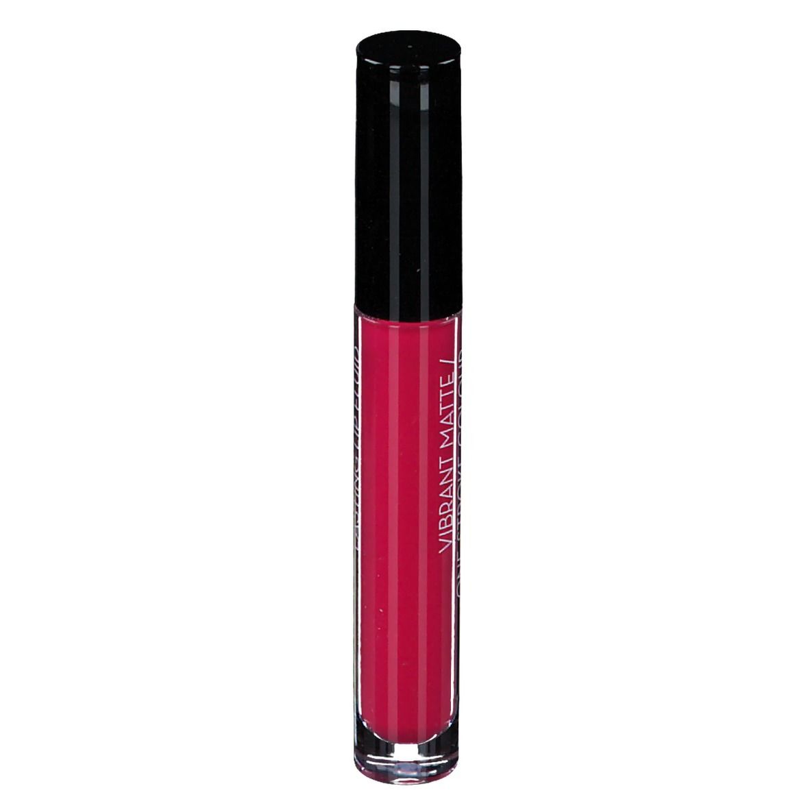 Korres Morello Lip Fluid. Liquide rouge dans un flacon transparent avec un bouchon noir. Inscription : Vibrant Matte/One Stroke Colour.