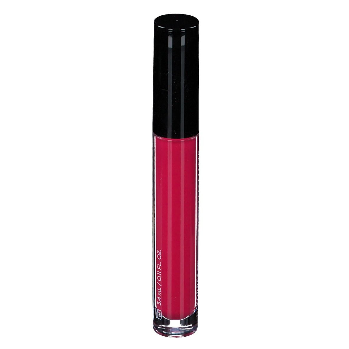 Korres Morello Lip Fluid. Liquide rouge dans un flacon transparent avec un bouchon noir. Inscription : Vibrant Matte/One Stroke Colour.