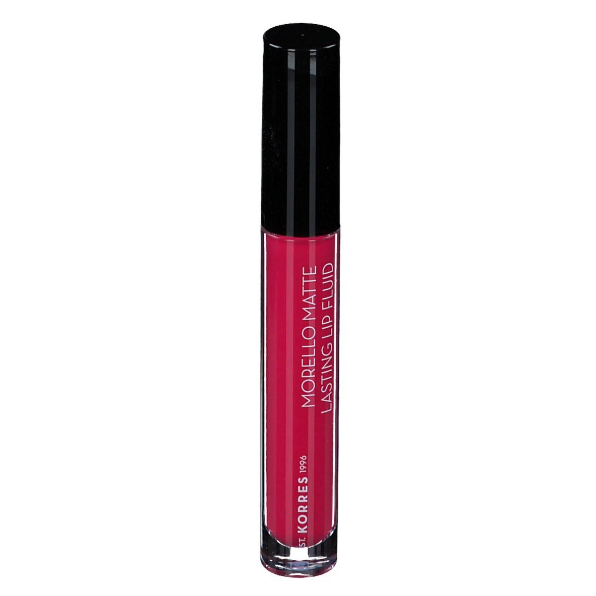 Korres Morello Lip Fluid. Liquide rouge dans un flacon transparent avec un bouchon noir. Inscription : Morello Matte Lasting Lip Fluid.