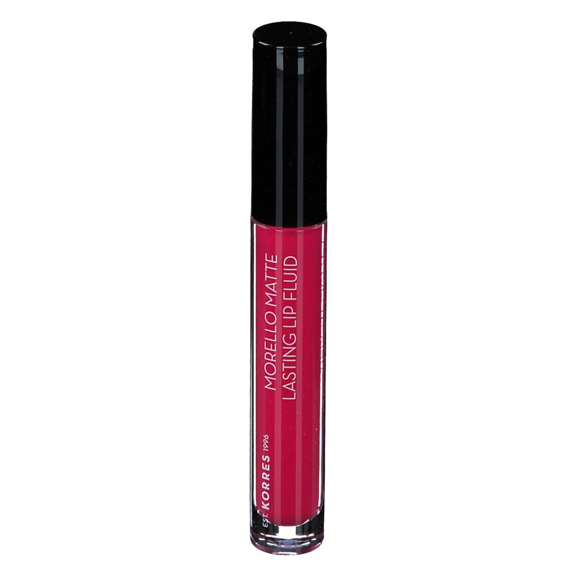 Korres Morello Lip Fluid. Liquide rouge dans un flacon transparent avec un bouchon noir. Inscription : Morello Matte Lasting Lip Fluid.