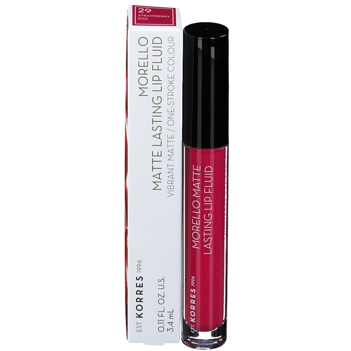 Korres Morello Lip Fluid et emballage. Liquide rouge, bouchon noir. Inscription : Morello Matte Lasting Lip Fluid. Emballage : Strawberry Kiss.