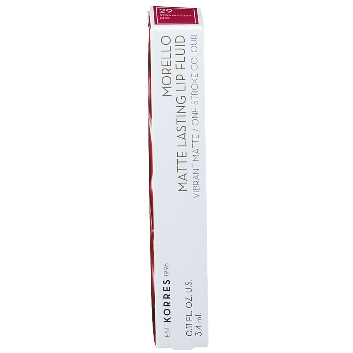 Emballage Korres Morello Lip Fluid. Blanc avec accent rouge. Inscription : Morello Matte Lasting Lip Fluid. Strawberry Kiss. Motif de cerises.