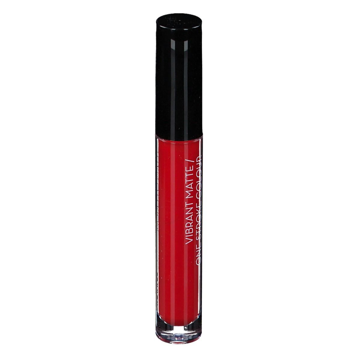 Rouge à lèvres rouge dans un tube transparent avec un bouchon noir. Inscription : Vibrant Matte / One Stroke Colour.